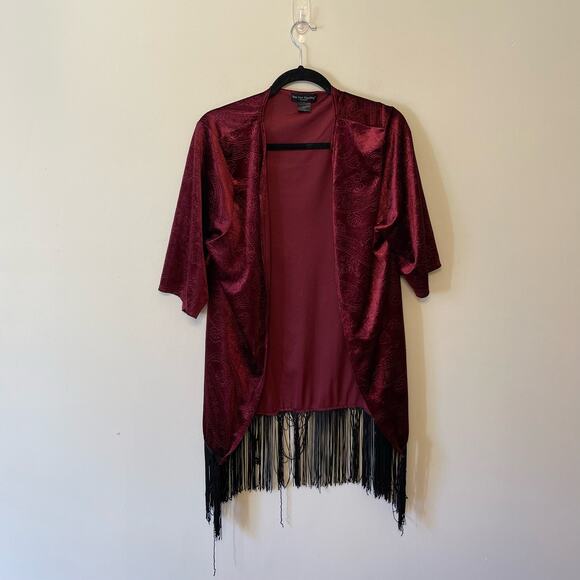 See You Monday S wine red short sleeve kimono cardigan floral dark boho fringe - Picture 1 of 7